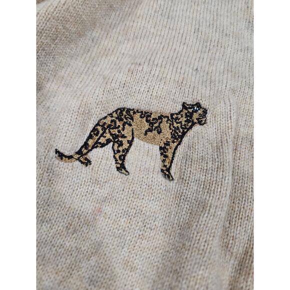 Chico's Cashmere Wool Blend Embroidered CheetahTan Sweater Sz 2 L Animal Print - Picture 3 of 7
